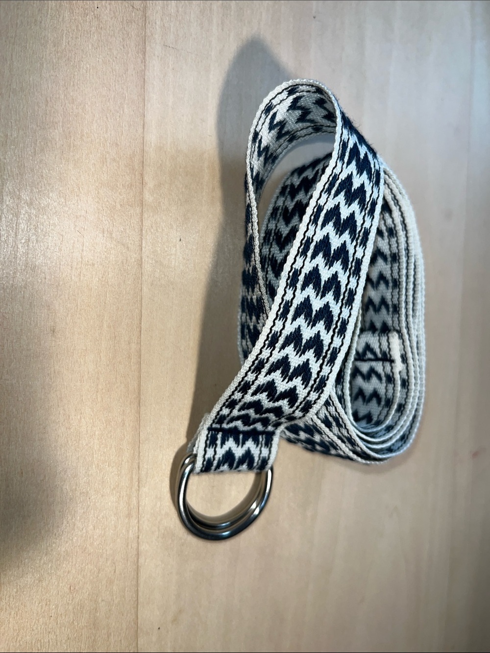 Long 49.5” Woven Chevron Patterned D-Ring Belt - Black, Blue & White